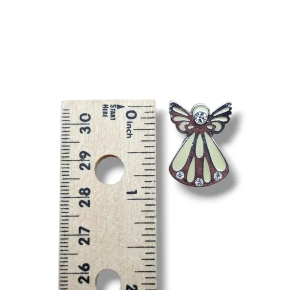 Silver Tone White Enamel Angel Silhouette Clear Rhinestones Signed Hat Lapel Pin - Picture 2 of 4